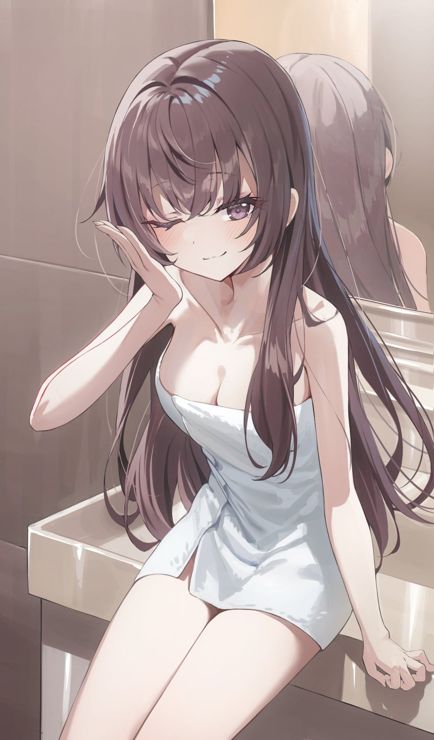 bare_arms bare_legs bare_shoulders bare_thighs bathroom blush breasts brown_eyes brown_hair cleavage closed_mouth collarbone kerno long_hair medium_breasts mirror naked_towel one_eye_closed sitting smile suou_yuki thighs tokidoki_bosotto_russian_de_dereru_tonari_no_alya-san towel towel_only wink