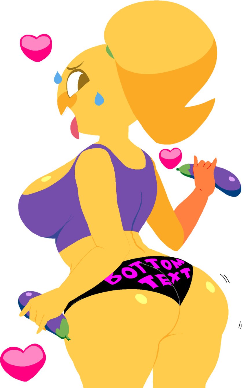 2010s 2017 back_view big_ass booty_shorts bottom_text dream-cassette eggplant eggplant_emoji emoji_(race) emoji_slut english_text motion_lines no_outlines ponytail sweating tank_top text_on_clothing tongue_out yellow_skin