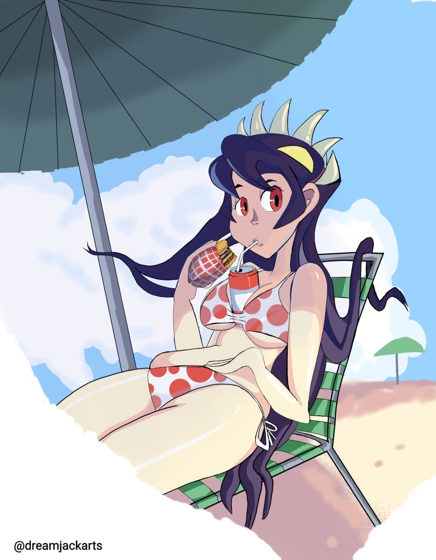 artist_name artist_request beach bikini dream_jack fanart filia_(skullgirls) girl hamburger relaxing remake samson_(skullgirls) skullgirls soda video_game