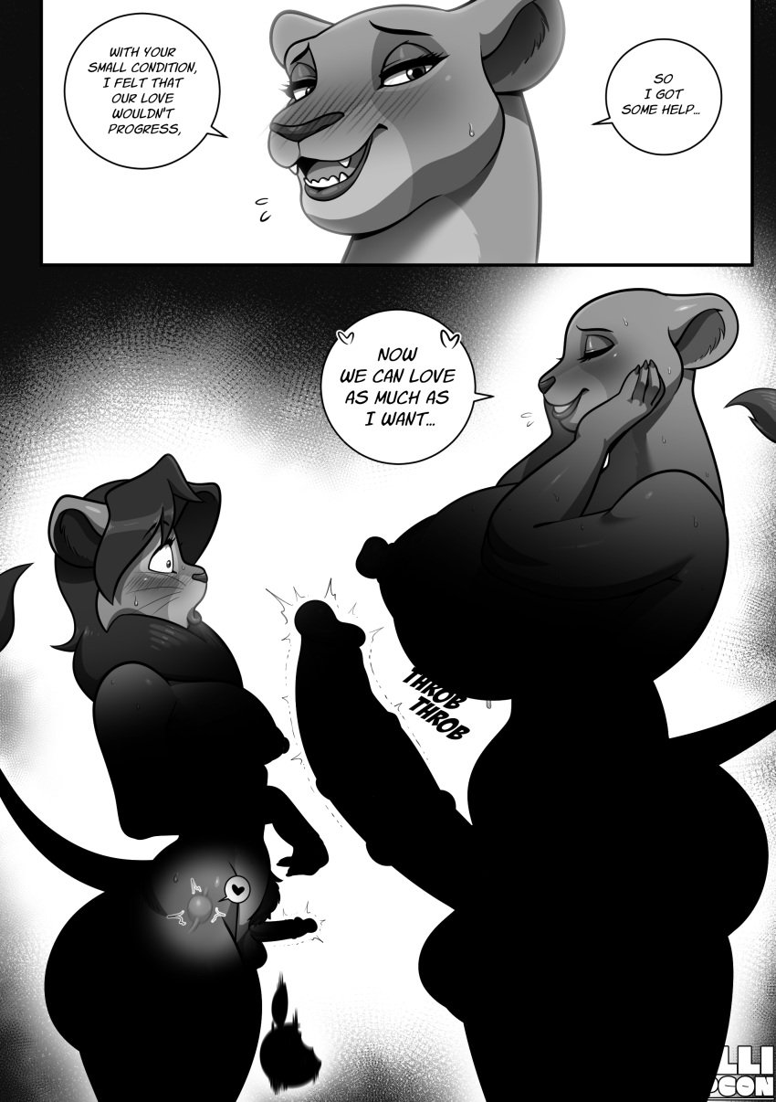 anthro big_ass black_and_white couple dialogue femboy feminine_male futanari huge_breasts huge_cock lollipopcon nala simba small_penis the_lion_king tiny_penis