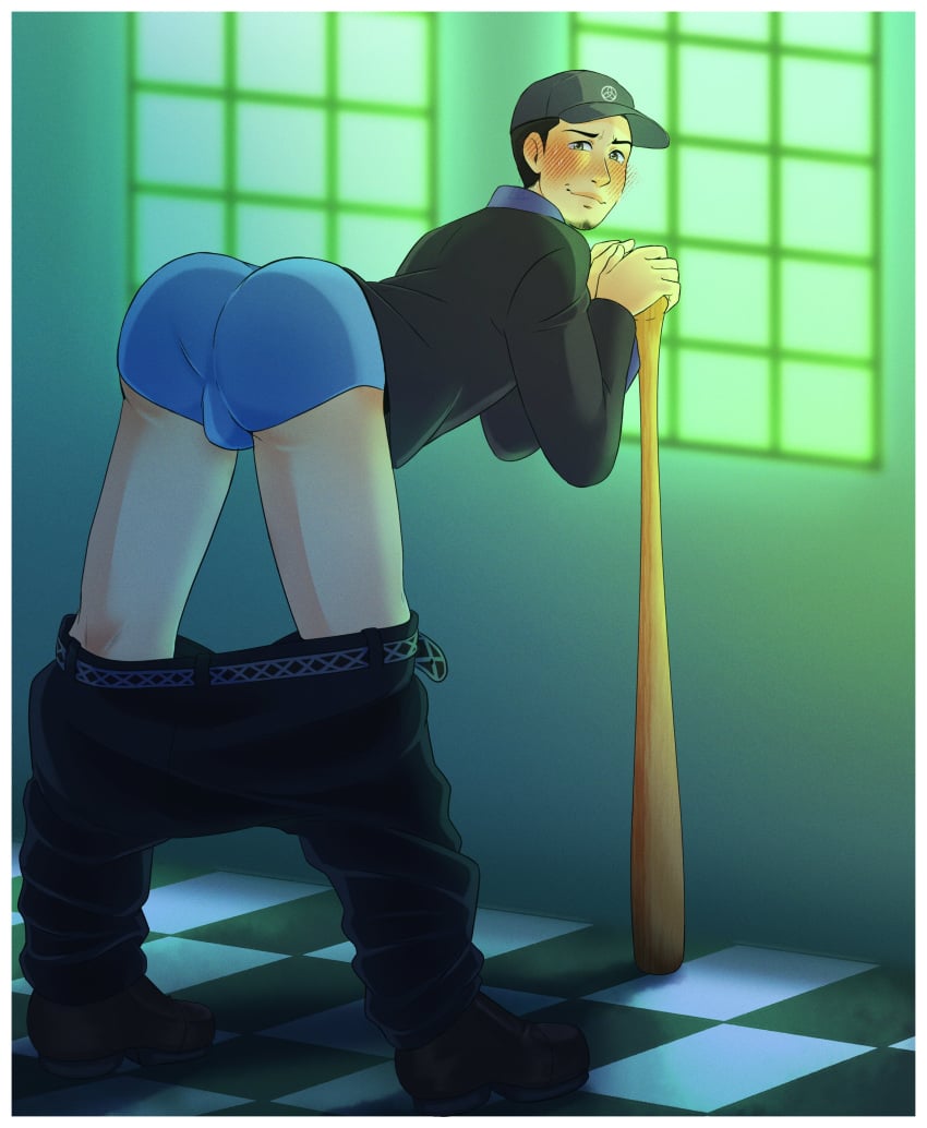 ass ass_focus baseball_bat baseball_cap boxer boxer_briefs boxers junpei_iori male male_butt male_only mrzils6_ p3 persona_3 persona_3_reload presenting presenting_hindquarters solo_male uniform