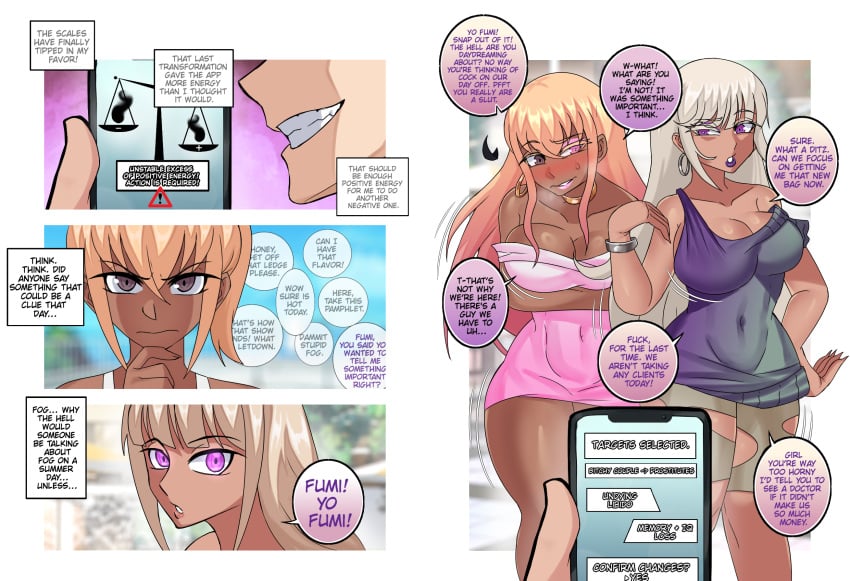 1boy 2girls abs bimbo bimbofication blonde_hair bracelet chocker clothes_changed comic comic_page crossing_arms dark-skinned_female dark_skin english_text erasethismail eyelashes eyeshadow ganguro gyaru gyarufication hand_on_hip hand_under_breasts hoop_earrings hourglass_figure inner_sideboob insult insulting lipstick mid_transformation minidress miniskirt phone phone_screen pink_clothing pink_eyes pink_eyeshadow pink_highlights pink_lipstick pink_minidress post_transformation pre-transformation purple_clothing purple_eyes purple_lipstick shiny_skin smartphone tan tan_body tan_skin tanned_female text text_box text_bubble thick_thighs tight_clothing transformation white_border white_hair yuri