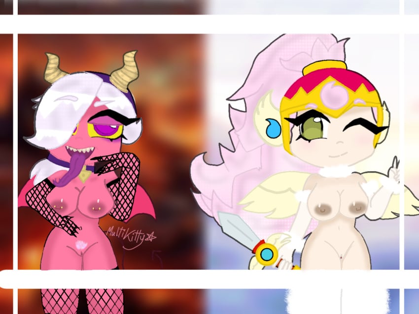 2girls brawl_stars colette_(brawl_stars) green_eyes janet_(brawl_stars) light_skin multikitty nipple_piercing nipples pink_hair purple_eyes pussy red_body trixie_colette_(brawl_stars) valkyrie_janet white_hair