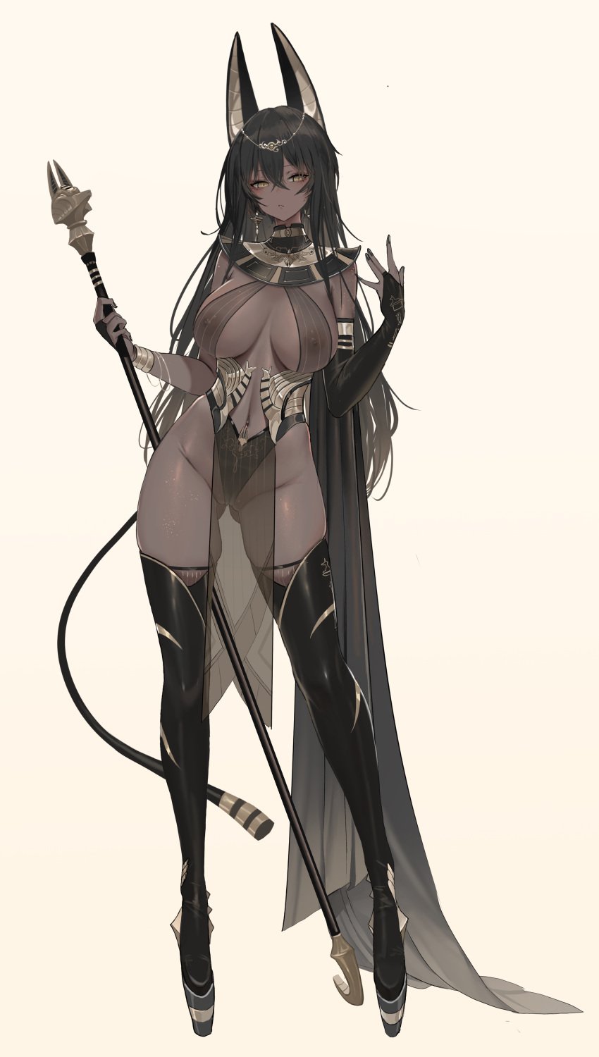 anubis black_hair breasts cat_ears cat_tail dark-skinned_female dark_skin egyptian_mythology long_hair monster_girl see-through_clothing tagme tagme_(artist) yellow_eyes