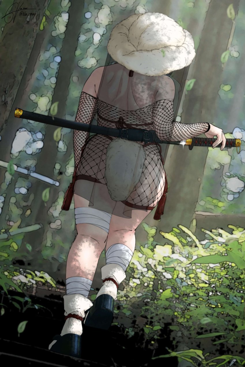 1boy back_view bandage bubble_butt femboy fishnet_clothing from_behind fur_bikini fur_clothing fur_hat high_heels katana male male_only nia_mao original rear_view sissy socks solo sword tagme thick_thighs twink weapon