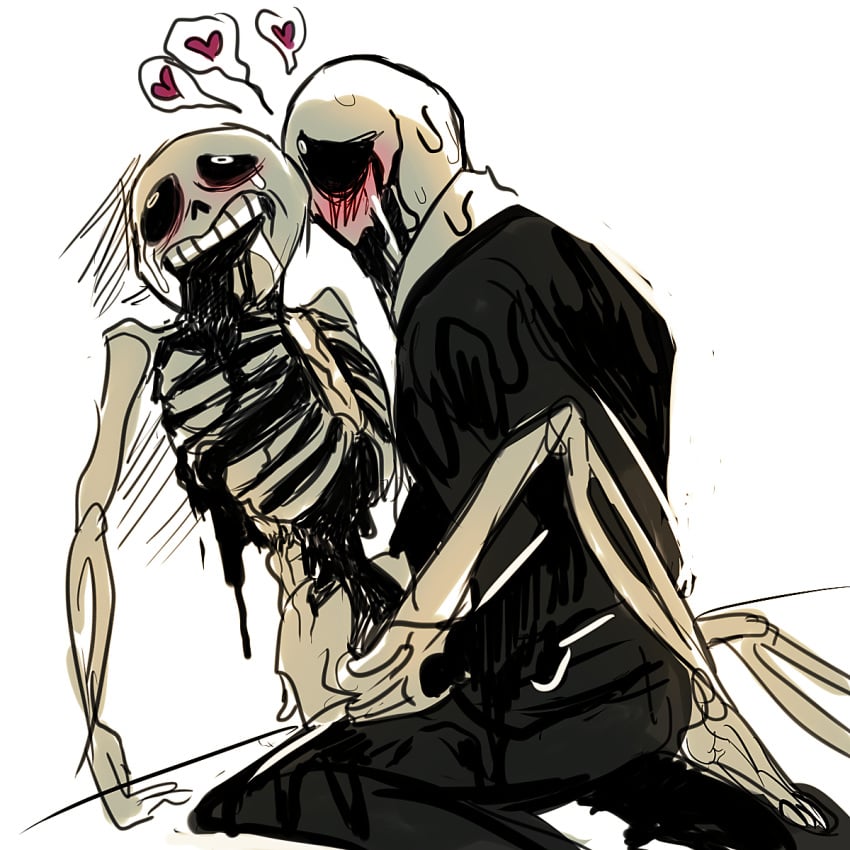 2boys anal animated_skeleton black_blood blush bone g-clone gaster goo heart male male_only naked nightmare_fuel nude questionable_consent sans skeleton slimy spooky suit sweat tears text undertale video_games what white_background yaoi