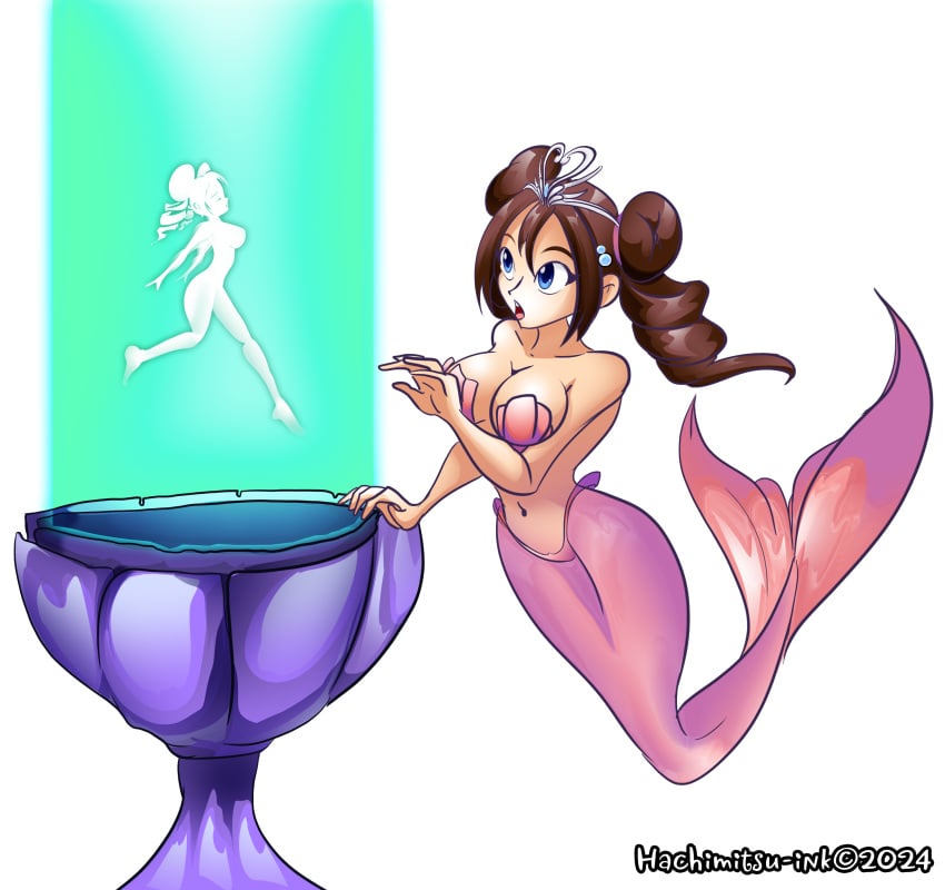 2024 bare_shoulders blue_eyes brown_hair cauldron color completely_nude_female digital_art entranced feet fins hachimitsu-ink hair_buns hair_ornament human_form illusion jewelry large_breasts legs light light-skinned_female light_skin mermaid mermaid_tail no_text open_mouth pearls pink_tail pokemon pokemon_bw2 prancing projection ringlets rosa_(pokemon) scene_reference seashell_bra shells silhouette the_little_mermaid_(1989_film) tiara white_light