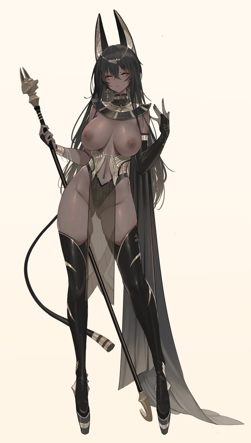 anubis artist_request breasts breasts_out cat_ears dark-skinned_female dark_hair dark_skin egyptian_mythology long_hair standing tagme tail yellow_eyes