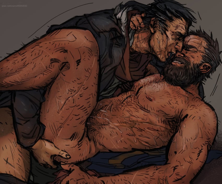 2boys abs anal anal_sex anal_sex bara beard blush body_hair brown_hair cel_shading closed_eyes clothed clothed/nude clothed_male crusader_(darkest_dungeon) cum darkest_dungeon feet_out_of_frame full_beard grey_streaks highwayman_(darkest_dungeon) jacket male male/male male_only male_penetrated male_penetrating male_penetrating_male man_boobs man_tits manboobs movement_lines muscular neckerchief no_visible_genitalia nude nude_male old_art older_male open_mouth pants_down scars sweat tabard tanned tanned_male tanned_skin thrillwashere white_streak