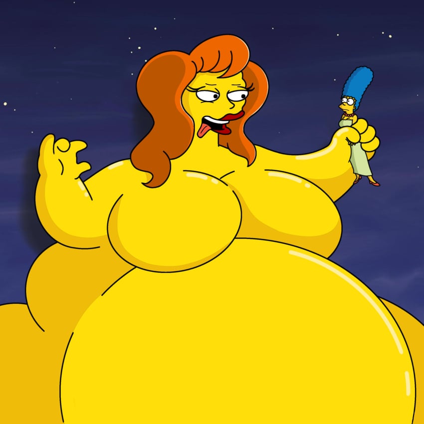 2girls belly big_belly big_breasts blob breasts deviantart fat fat_belly fat_woman female giant hair_blue larger_female lipstick marge_simpson mindy_simmons nude nude_female obese obese_female open_mouth orange_hair overweight overweight_female red_lipstick size_difference smaller_female the_simpsons tongue tongue_out vore yellow_skin