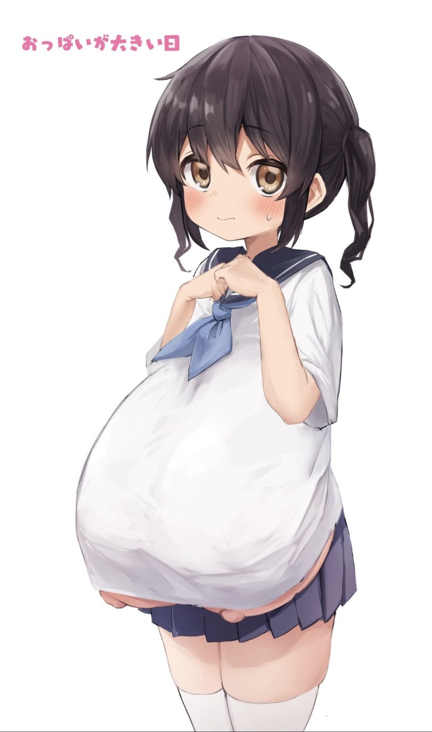 brown_eyes brown_hair gigantic_breasts hands_together nipples_visible oggu-chan_(neoguoguko) skirt stockings twintails underboob white_background white_stockings