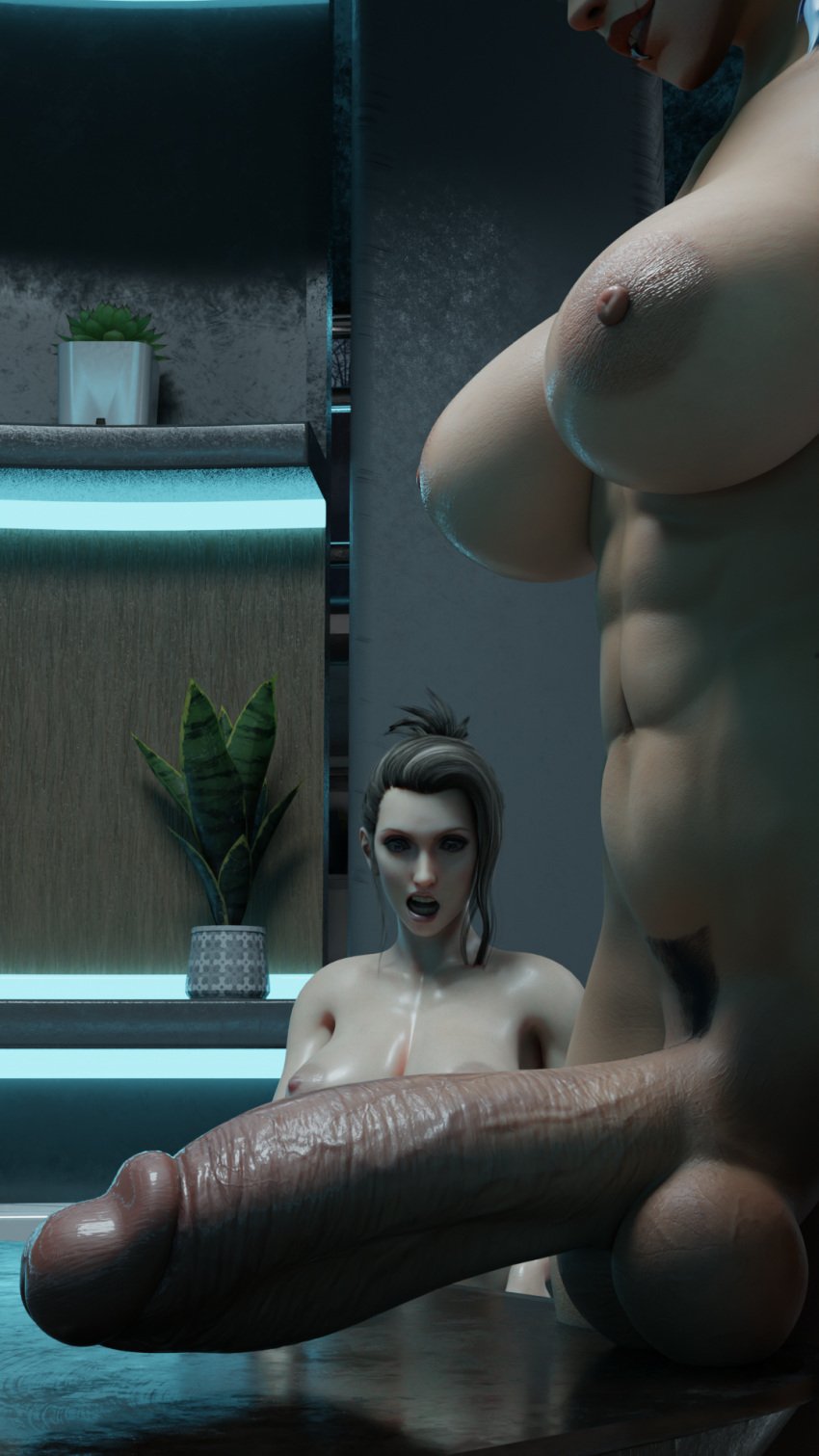 3d abs athletic athletic_futanari big_balls big_breasts big_penis blonde_hair creamyeclair dark-skinned_futanari final_fantasy final_fantasy_vii_remake futanari junker_queen looking_at_penis muscular muscular_futanari nyl_junker_queen overwatch overwatch_2 scarlet_(ffvii) shocked table