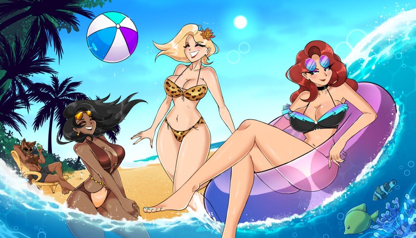 1boy 1boy3girls 3girls 3girls1boy anyaz beach beach_ball bikini black_hair blonde_hair cleavage flower_in_hair huge_breasts hyena hyena_boy intersex leopard_print leopard_print_bikini long_hair mobian_(species) original original_characters red_hair seaside sonic_(series) sunglasses_on_head swimsuit