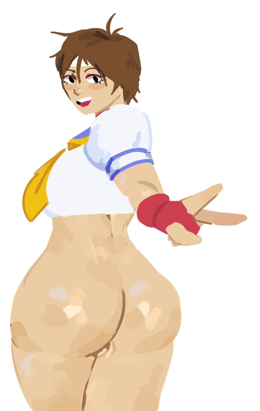 1girls ass ass_focus big_ass bottomless brown_eyes brown_hair capcom from_behind gloves headband looking_back peace_sign sakura_kasugano sandtraps school_uniform schoolgirl short_hair street_fighter thick thick_ass thick_thighs thighs