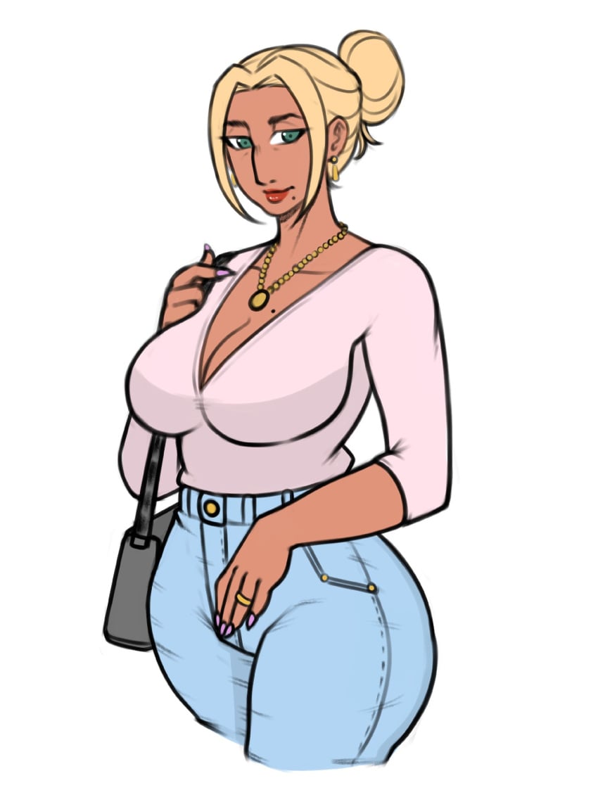 blonde_hair cleavage frank_draws green_eyes huge_breasts lipstick married_woman mature_female milf tan_skin thick_ass thick_thighs