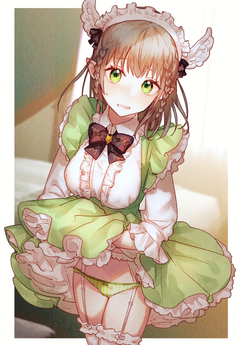 alfhilde braid braided_hair braids brown_hair elf elf_ears elf_female elf_girl flashing flashing_panties freckles freckles_on_face garter garter_belt garter_straps garters green_clothing green_dress green_eyes green_panties headwings indie_virtual_youtuber large_breasts lifting_dress lifting_own_clothes maid maid_apron maid_dress maid_headdress maid_outfit maid_uniform n000gi navel striped_panties virtual_youtuber vtuber vtuberfanart white_thigh_highs white_thighhighs