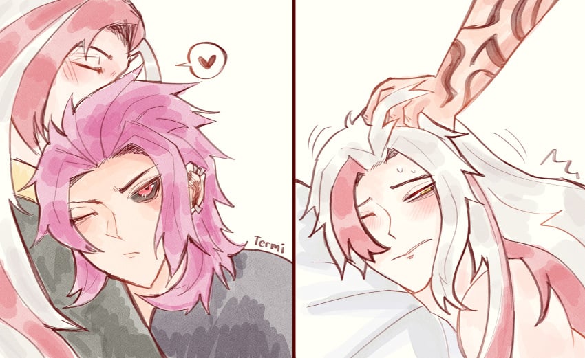 black_sclera cuddling doodle hair_pull hair_pulling heartsteel_kayn heartsteel_series heartsteel_yone hot_pink_hair kayn league_of_legends long_hair male_on_male males_only no_genitals pink_hair soft_color submissive_male suggestive sweating two_tone_hair white_hair yaoi yone