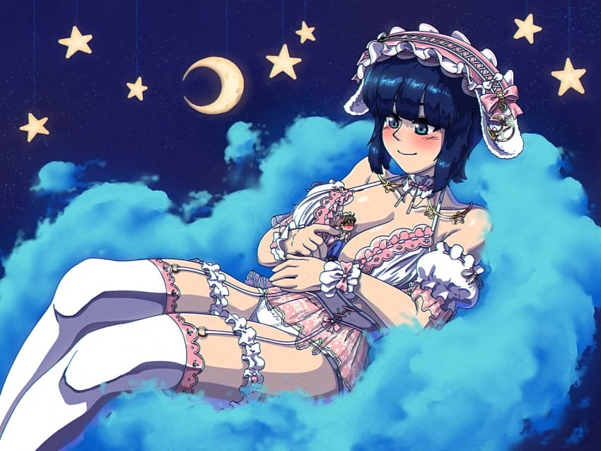 1boy 1girl1boy between_breasts big_breasts blue_eyes blue_hair blush blush carrying cleavage cloud commission cute cute_face digital_drawing_(artwork) female gentle gentle_giant gentle_giantess giantess handheld huge_breasts larger_female lying_on_breasts moon night night_background original_characters relaxing resting shy_boy shygts sleeping smaller_male stars tagme