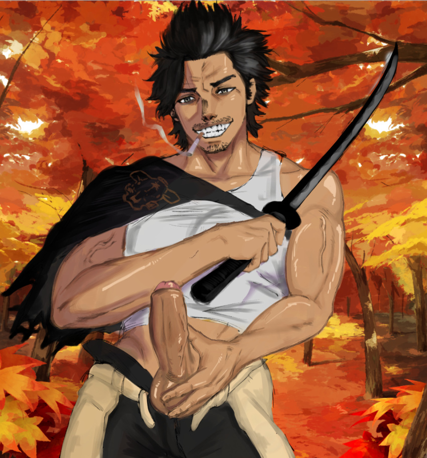 big_breasts big_penis black_clover black_hair cigarette cigarette_in_mouth cock foreskin forest male_only middle_aged_male muscles muscular_male smoking sword veiny_arms yami_sukehiro