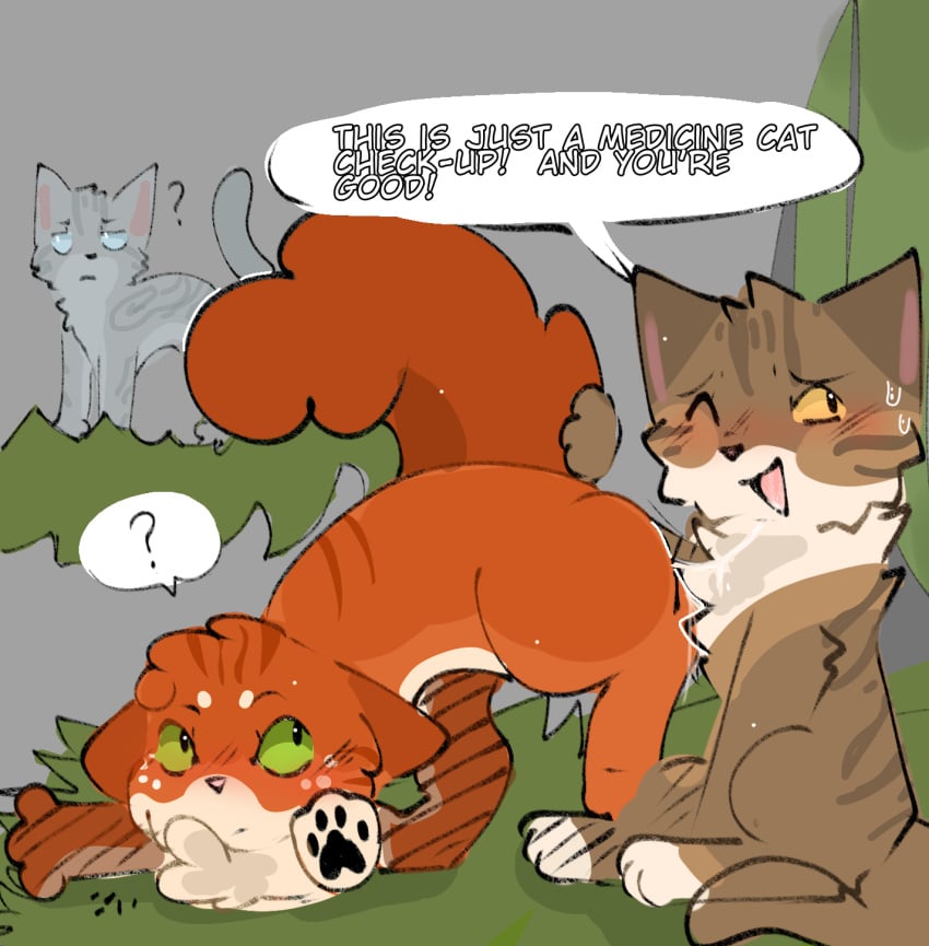 cats feral jayfeather_(warriors) leafpool_(warriors) licking_pussy medicine_cat saliva_string squirrelflight_(warriors) suprised_look warriors_(cats)