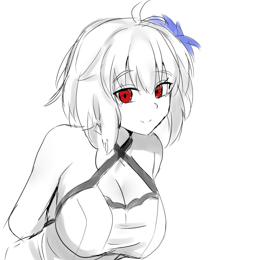 alternate_breast_size arcueid_brunestud big_breasts blonde_hair breasts_bigger_than_head dress gloves hair_ornament huge_boobs huge_breasts large_boobs large_breasts looking_at_viewer red_eyes rkgk short_hair sketch smiling tsukihime vampire vampire_girl vemus_01 white_dress white_gloves