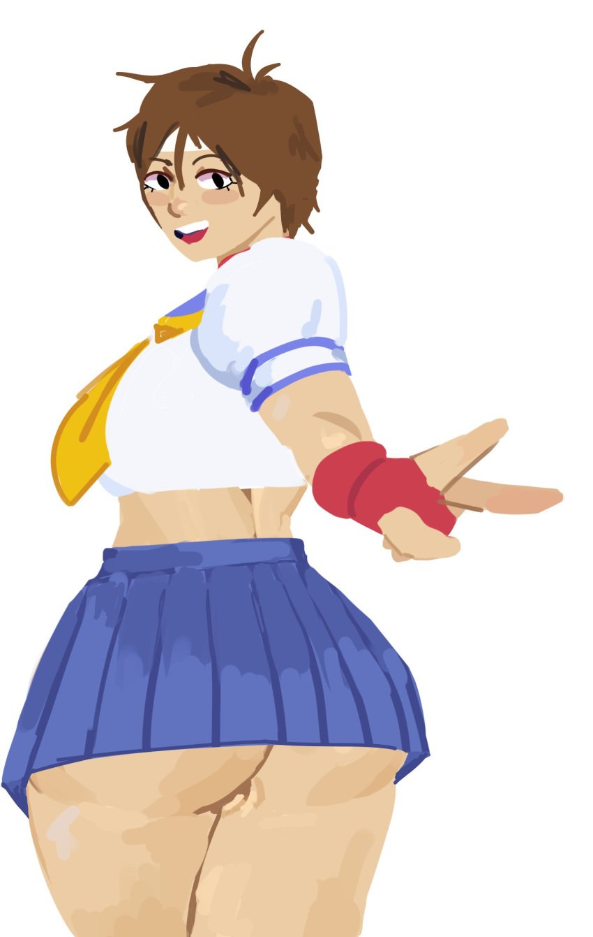 1girls ass ass_focus big_ass bottomless bottomless_skirt brown_eyes brown_hair capcom gloves headband peace_sign sakura_kasugano sandtraps school_uniform schoolgirl skirt street_fighter thick thick_ass thick_thighs thighs tomboy upper_body