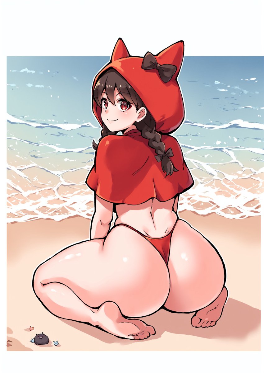 1girls ai_generated animal_ears animal_hood ass ass_focus back_view bangs bare_legs barefoot beach big_ass bikini_bottom black_hair blush bow braided_hair capelet cheeks curvy fairy_tales feet female female_only from_behind gardener_ai hood literature looking_at_viewer looking_back no_pants nyanko_daisensou on_knees outdoors pony_diffusion_xl public_domain red_bikini red_clothing red_eyes red_riding_hood red_riding_mina red_thong sea seaside sitting smile solo stable_diffusion string_bikini the_battle_cats thick_thighs thong thong_bikini twin_braids wide_hips