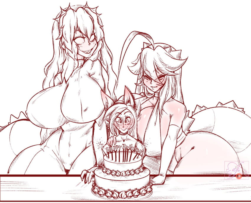 2girls angelface birthday_cake breasts_bigger_than_head cleavage fox_boy godzilla godzilla_(series) large_breasts monster_girl patreon_logo sharp_teeth shin_godzilla taller_girl text wide_hips