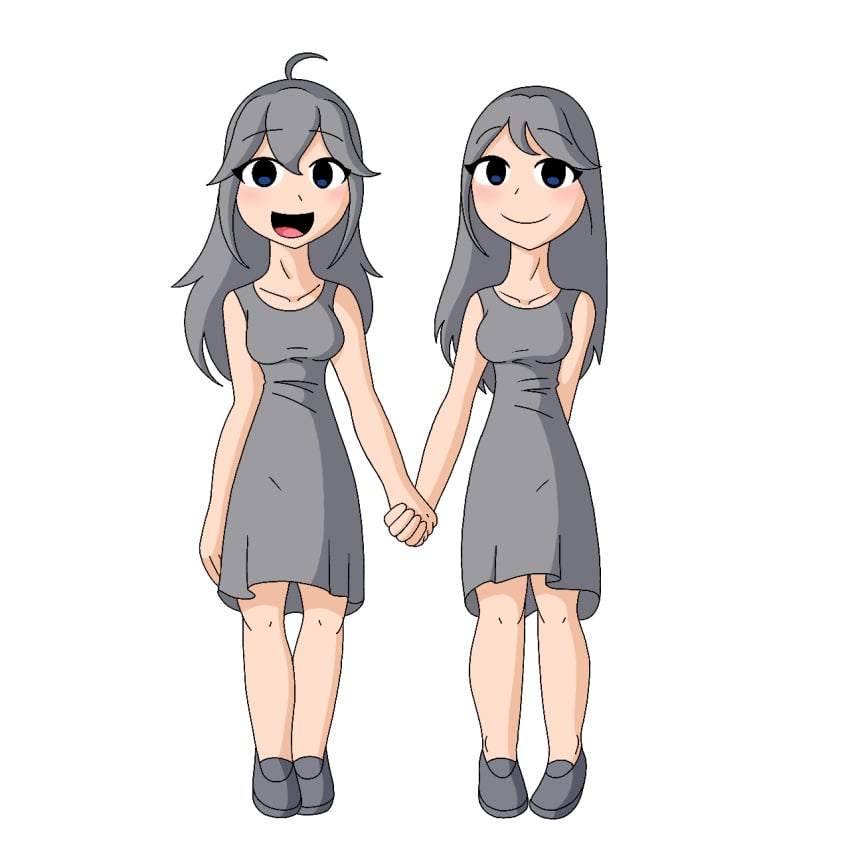 blue_eyes breasts buildings gray_clothes gray_hair humanized twin_towers twins