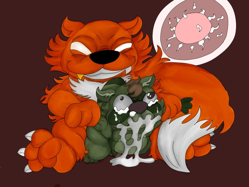 anthro bodily_fluids brown_hair canid canine chest_tuft cum cum_inside cum_overflow duo fox fur genital_fluids gold_(metal) gold_tooth green_body green_fur hair hi_res inflation inflation jay_(jaythefox333) jaythefox333 male male/male mammal mind_break orange_body orange_fur pregnant pregnant_male procyonid questionable_consent raccoon tuft were werecanid werecanine werefox white_body white_fur