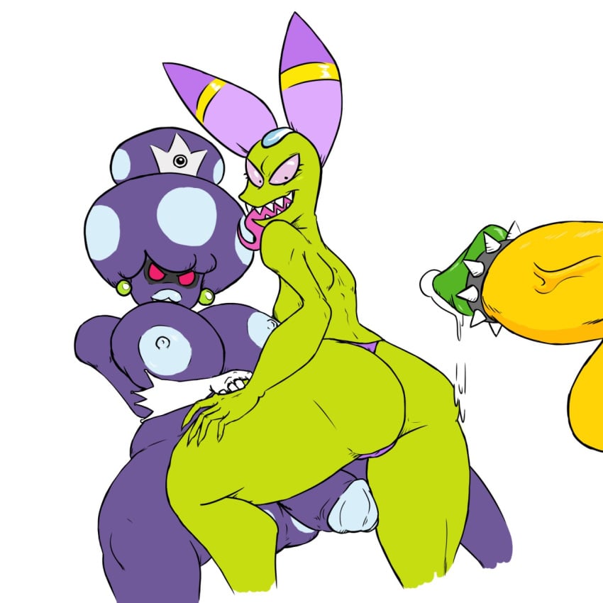 1boy 1futa 1girls alien alien_futanari alien_humanoid anthro bodily_fluids bodily_fluids_drip bowser breasts breasts_out cackletta cock cock_ring crown dripping_precum earrings elbow_gloves gloves green_body green_earrings green_skin lavender_eyes lips lipstick long_tongue mario_(series) mario_and_luigi:_partners_in_time mario_and_luigi_(series) nintendo nipples no_sex penis precum precum_drip princess_shroob purple_body purple_skin red_eyes silver_crown tongue tongue_out white_gloves white_lips white_lipstick white_nipples