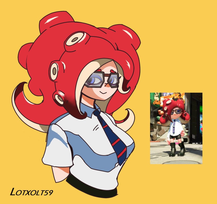 breasts glasses glasses_on_face lotxolt octoling octoling_girl octoling_rival red_tentacles school_uniform schoolgirl smile smiling tentacle tentacle_hair tie