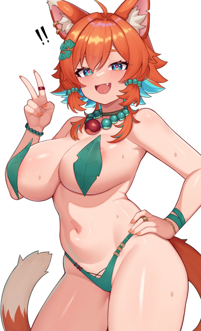 !! 1girls beast belly_button blush breasts diamond-shaped_pupils female female_only green_eyes huge_breasts jewelry leaf_on_breast leafs light-skinned_female light_skin looking_at_viewer monster_girl moursho mozumi_pichi necklace oerba_yun_fang open_mouth orange_hair rings solo sweat symbol-shaped_pupils tail v v-dere virtual_youtuber