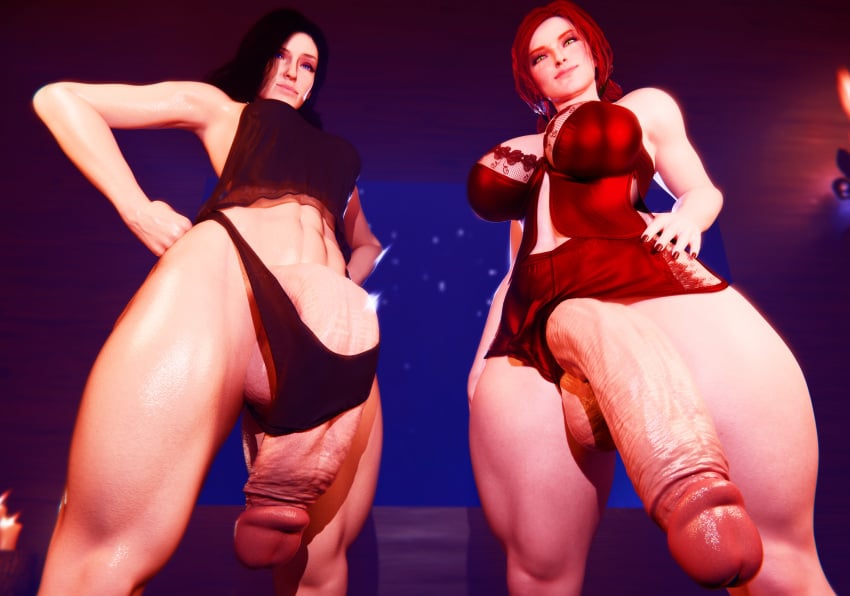 3d abs big_ass big_breasts big_penis black_hair bright_pupils freckles futanari low_angle manufatura red_hair self_upload short_hair the_witcher_3:_wild_hunt thick_thighs triss_merigold twintails yennefer