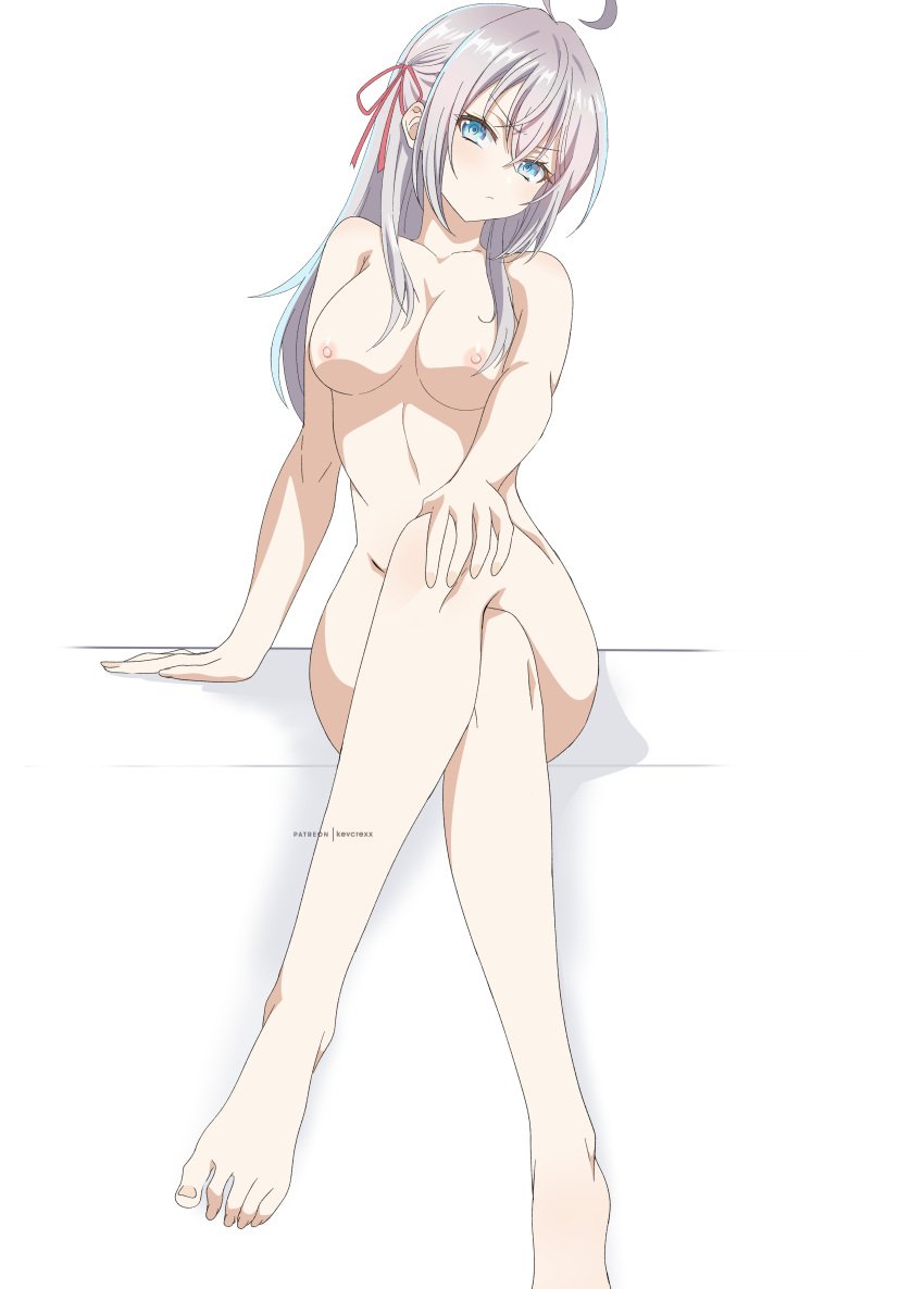 absurdres ahoge alisa_mikhailovna_kujou barefoot blue_eyes breasts closed_mouth crossed_legs facing_viewer feet female hair_between_eyes hair_ribbon highres kevcrexx long_hair looking_at_viewer nipples ribbon sitting solo tokidoki_bosotto_roshia-go_de_dereru_tonari_no_alya-san white_background white_hair