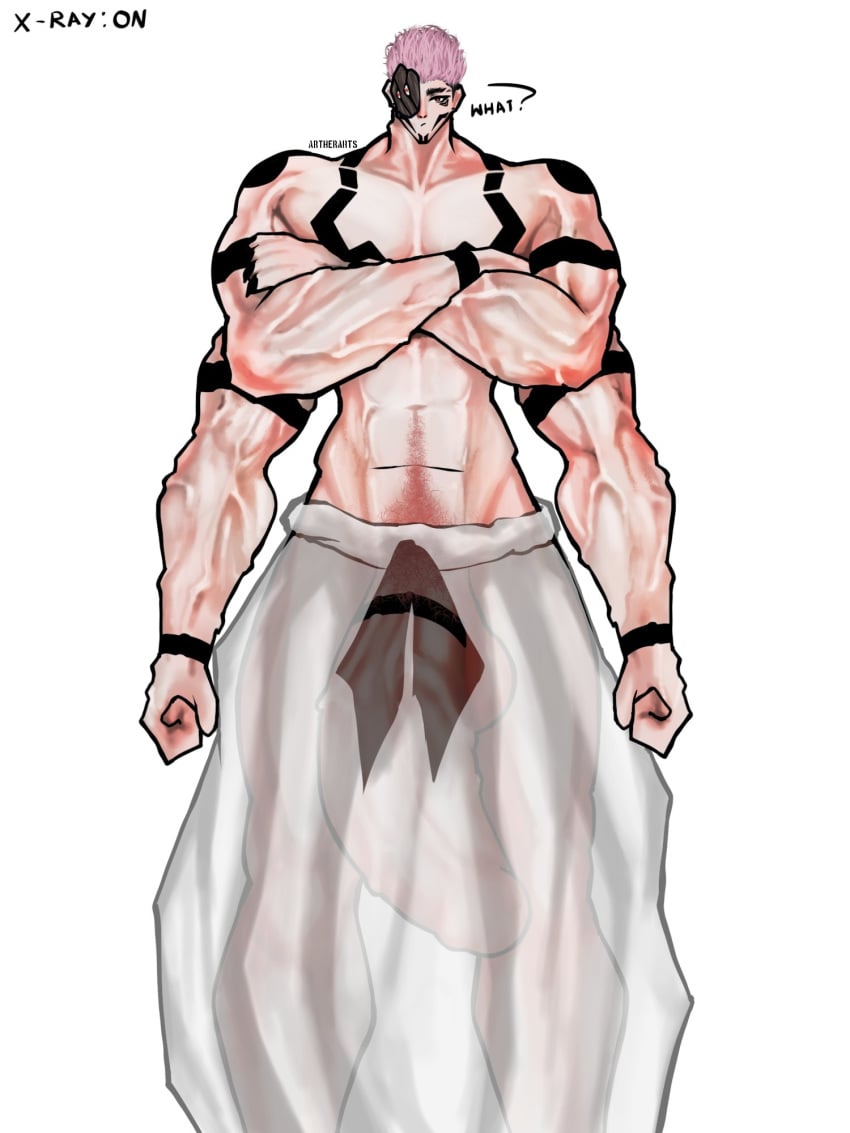 1boy artherarts big_penis cock huge_cock jujutsu_kaisen large_penis larger_male light-skinned_male light_skin looking_at_viewer male male_focus male_only muscles muscular muscular_male pants pubic_hair ryoumen_sukuna_(jujutsu_kaisen) standing tall taller_male tattoo vein veiny_penis x-ray