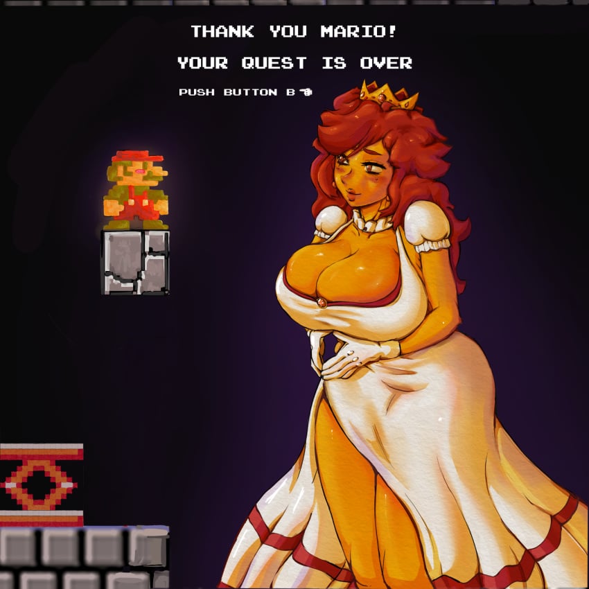 0ppai_pie 0ppaipie 1girls 8-bit big_breasts breasts cleavage comic_panel crown female huge_breasts large_breasts mario mario_(series) nes nintendo oppaipie princess princess_peach princess_peach_sprite_redraw_(meme) princess_toadstool red_hair royalty super_mario_bros. super_mario_bros._(nes) tagme