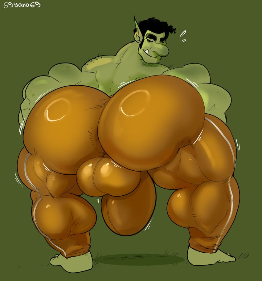 69yano69 big_ass big_bulge big_butt big_nose bulge green_skin hairy_male huge_bulge looking_at_viewer looking_back_at_viewer male_only muscular_male tight_clothing tight_pants troll