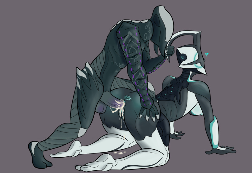 1boy 1girls ash_(warframe) bodysuit cum female horn horn_grab male nyx_(warframe) straight warframe