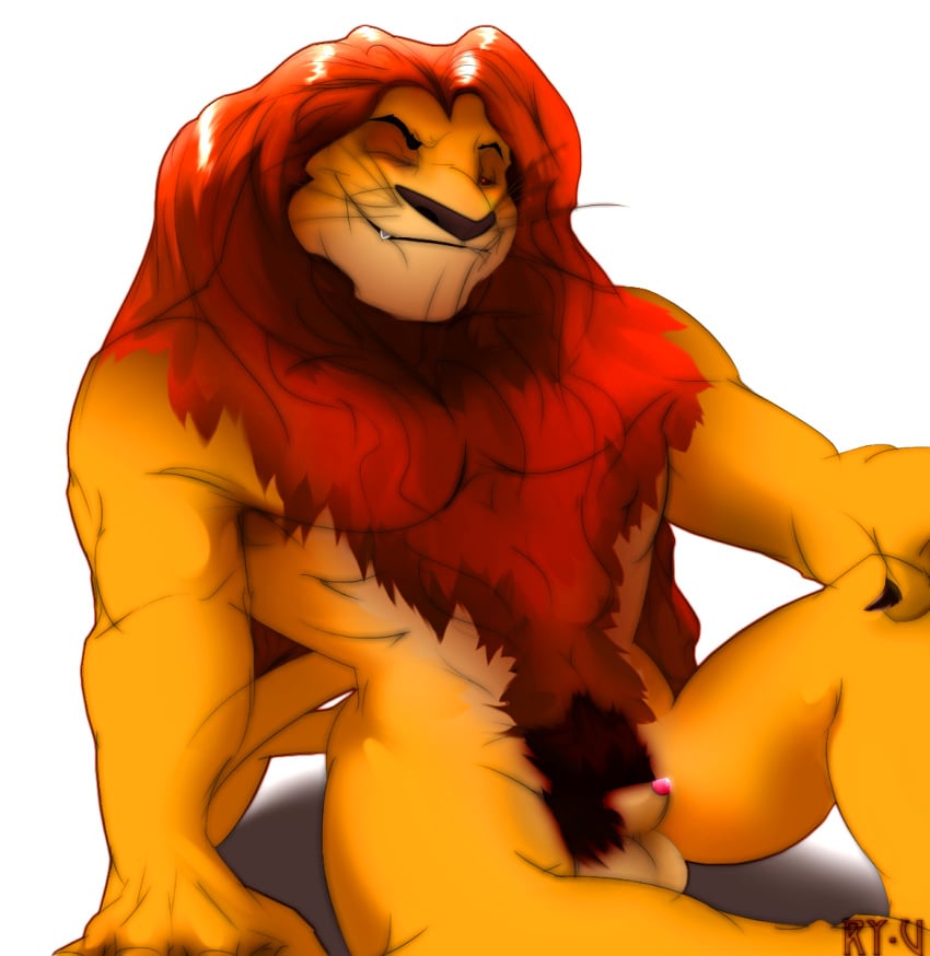 1boy anthro balls claws disney erection feline fur hair hi_res lion looking_at_viewer male male_only mammal mufasa nude penis ry-u sheath smile solo teeth the_lion_king