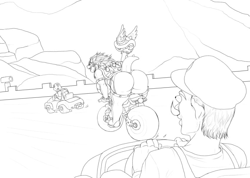 3_toes anthro armband ass black_and_white blue_shell boss_monster bowser breasts dat_ass female female_bowser furry garter_belt garter_straps gloves hat huge_ass huge_breasts human koopa long_hair luigi male male_human/female_anthro mario_(series) mario_kart monochrome monster monster_girl motorcycle mustache nintendo omnoproxy omnoproxyl337 open_mouth outdoors ricofox rule_63 scared sharp_teeth shell sideboob spiked_hair spikes standing surprised tail thighhighs toe_claws vehicle video_games wristband