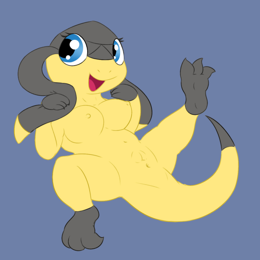 anthro anus ass blue_eyes breasts claws female heart helioptile hi_res legs_up lizard lying nintendo nipples nude on_back open_mouth pokemon posexe presenting presenting_hindquarters pussy reptile scalie simple_background smile solo spread_legs spreading toe_claws tongue video_games yellow_skin