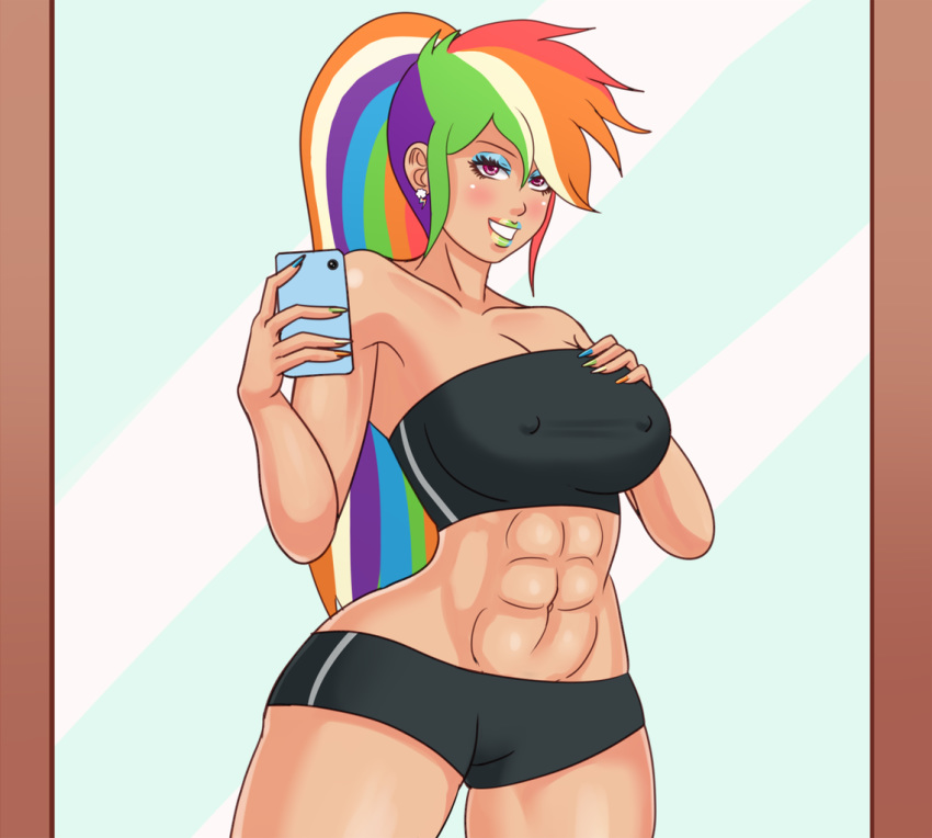 1girls annon big_breasts bimbo breasts equestria_girls female female_only human humanized long_hair looking_at_viewer mirror mirror_selfie multicolored_hair muscles muscular muscular_female my_little_pony nipple_bulge nipples_visible_through_clothing phone rainbow_dash_(mlp) rainbow_lipstick selfie smile smiling solo sports_bra straight_hair voluptuous