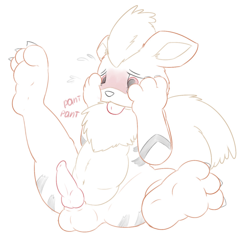1boy animal_genitalia animal_penis anthro ass balls black_nose blush canine canine_penis covering_face embarrassed english_text erection fluffy fur growlithe heart hi_res hindpaw knot male male_only mammal navel nintendo nude orange_fur paws penis pokemon pokemon_(species) posexe presenting presenting_hindquarters red_eyes simple_background solo spread_legs spreading sweat text tongue tongue_out tuft video_games white_background white_fur