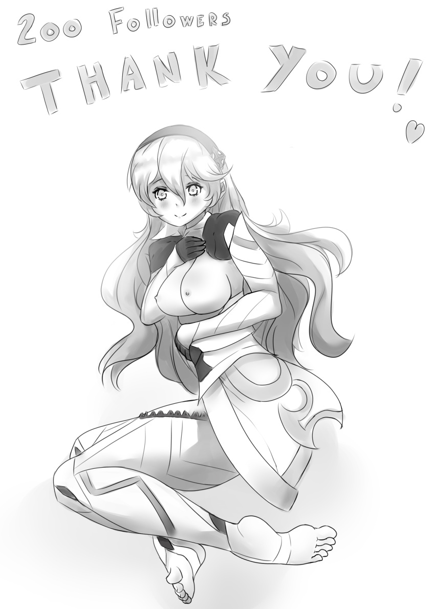 1girls barefoot big_breasts breasts breasts_out corrin_(fire_emblem) corrin_(fire_emblem)_(female) ethan_ppj_(artist) feet fire_emblem fire_emblem_fates greyscale long_hair monochrome nintendo nipples smile solo solo_female thank_you