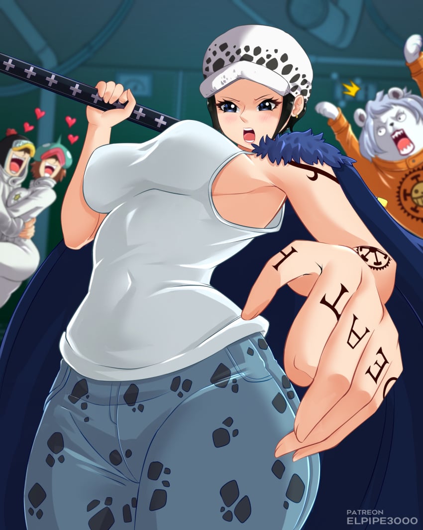 1boy 3girls arm_tattoo bepo black_hair blush breasts canon_genderswap cape earrings elpipe3000 female female_focus female_trafalgar_law fur_cape genderswap_(mtf) hat heart heart_pirates holding holding_sword holding_weapon jewelry katana large_breasts male multiple_girls one_piece one_piece:_egghead_arc open_mouth penguin_(one_piece) rule_63 shachi_(one_piece) shiku_shiku_no_mi short_hair shoulder_tattoo sword tank_top tattoo thick_thighs thighs trafalgar_law trafalgar_law_(female) weapon white_tank_top