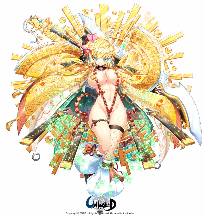 bell blonde_hair blue_eyes blush breasts bridal_gauntlets copyright_name female fishnet_legwear fishnets hair_ornament hair_ribbon high_res jewelry large_breasts name_tag navel official_artwork open_clothes over_shoulder poseich ribbon short_hair smile solo sparkle sword unleashed weapon weapon_over_shoulder white_legwear wide_sleeves