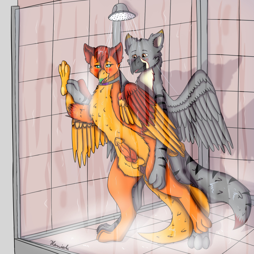 amber_wing animal_genitalia avian balls beak breasts caedis_animus cum duo full-package_futanari fur futanari gryphon heneik_(artist) herm herm/male hermaphrodite intersex intersex/male knot male multi_genitalia penis pussy shower water wings