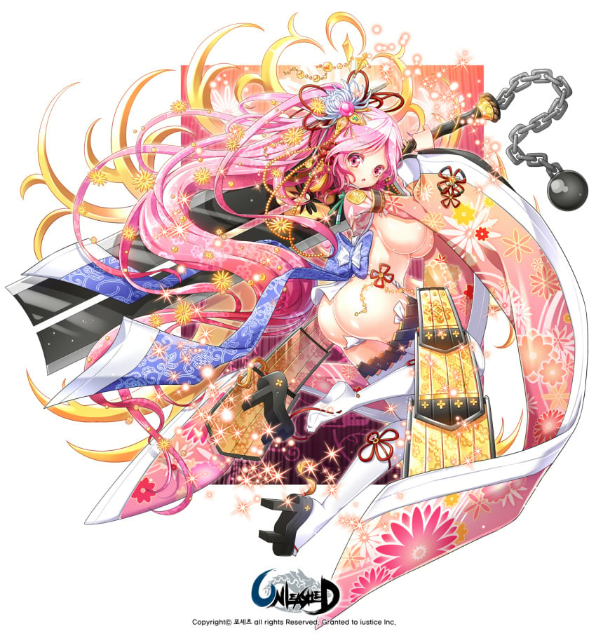 ass blush breasts copyright_name female fundoshi geta hair_ornament high_res large_breasts long_hair looking_at_viewer name_tag official_artwork open_mouth pink_eyes pink_hair poseich solo sparkle sword thighhighs unleashed weapon white_legwear wide_sleeves