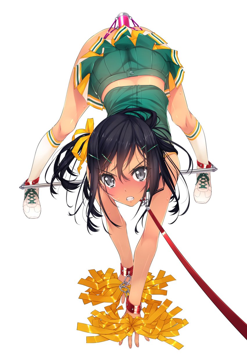 1girls all_fours anal angry angry_expression black_hair blushing blushing_at_viewer bondage cheerleader cuffs dark_eyes dildo double_dildo double_penetration eyebrows eyebrows_visible_through_hair f-ism female female_focus female_only green_skirt green_topwear gritted_teeth gritting_teeth hair_ribbon handcuffs highres human human_female human_focus human_only kneehighs kneesocks leash long_hair looking_at_viewer murakami_suigun no_panties nopan pom_pom_(cheerleading) pom_poms pussy_plug restrained ribbon sex_toy simple_background skirt sneakers solo spread_legs spreader_bar tears wrists_bound yellow_ribbon